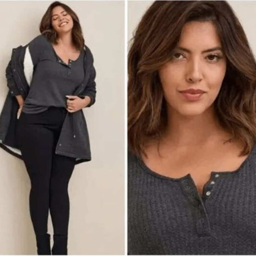 Torrid Waffle Snap Henley Long Sleeve Tee Sz 1 14/16 DEEP BLACK